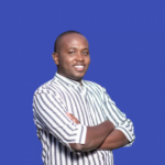 A web developer in Kenya with a striped shirt standing in front of a blue background.