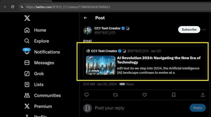 qodewire A Twitter post by CCI Test Creator with a preview of an article titled "AI Revolution 2024: Navigating the New Era of Technology" discussing the evolution of AI into 2024.